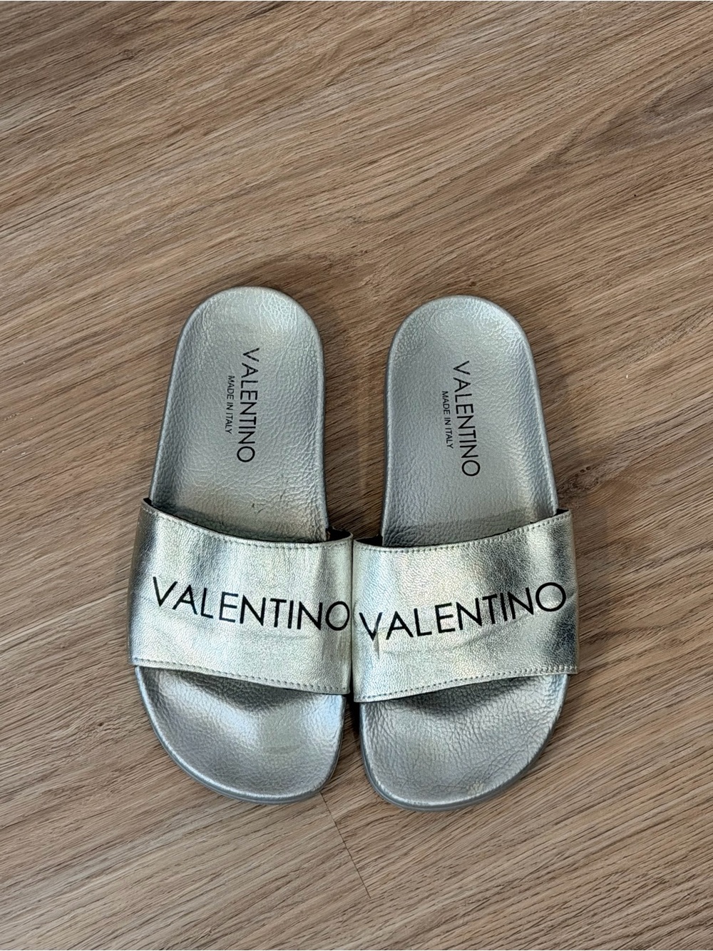 Valentino Silver Logo Slide Sandals